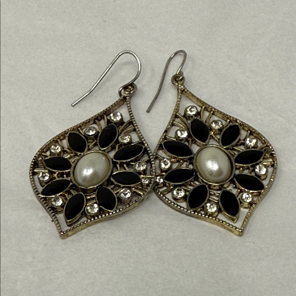 Vintage silver Filigree Teardrop Earrings Black Enamel Pearl Rhinestone Dangle